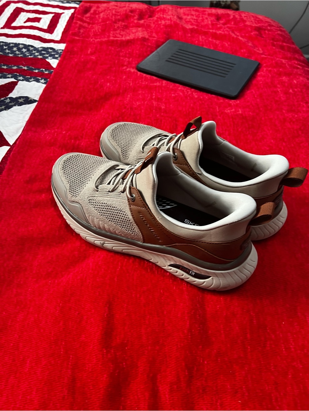 Skechers Men’s Beige Knit Slip-On Sneakers with Brown Accents - Picture 2 of 5